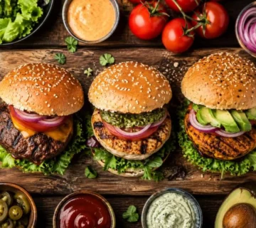Three homemade burgers — beef, chicken, and veggie — served on a wooden board with fresh vegetables and sauces