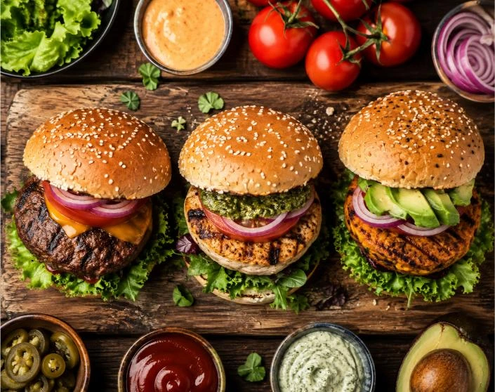 Three homemade burgers — beef, chicken, and veggie — served on a wooden board with fresh vegetables and sauces