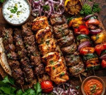 Assorted homemade grilled kebabs including beef, chicken, and vegetable skewers served on a wooden platter with fresh herbs and yogurt dip.