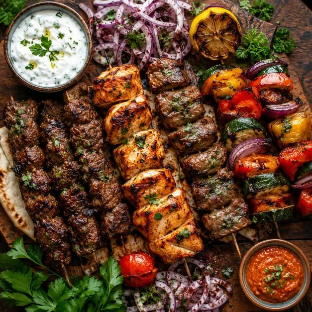 Assorted homemade grilled kebabs including beef, chicken, and vegetable skewers served on a wooden platter with fresh herbs and yogurt dip.