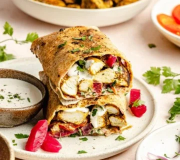Homemade chicken shawarma with garlic sauce served in warm pita bread with fresh vegetables